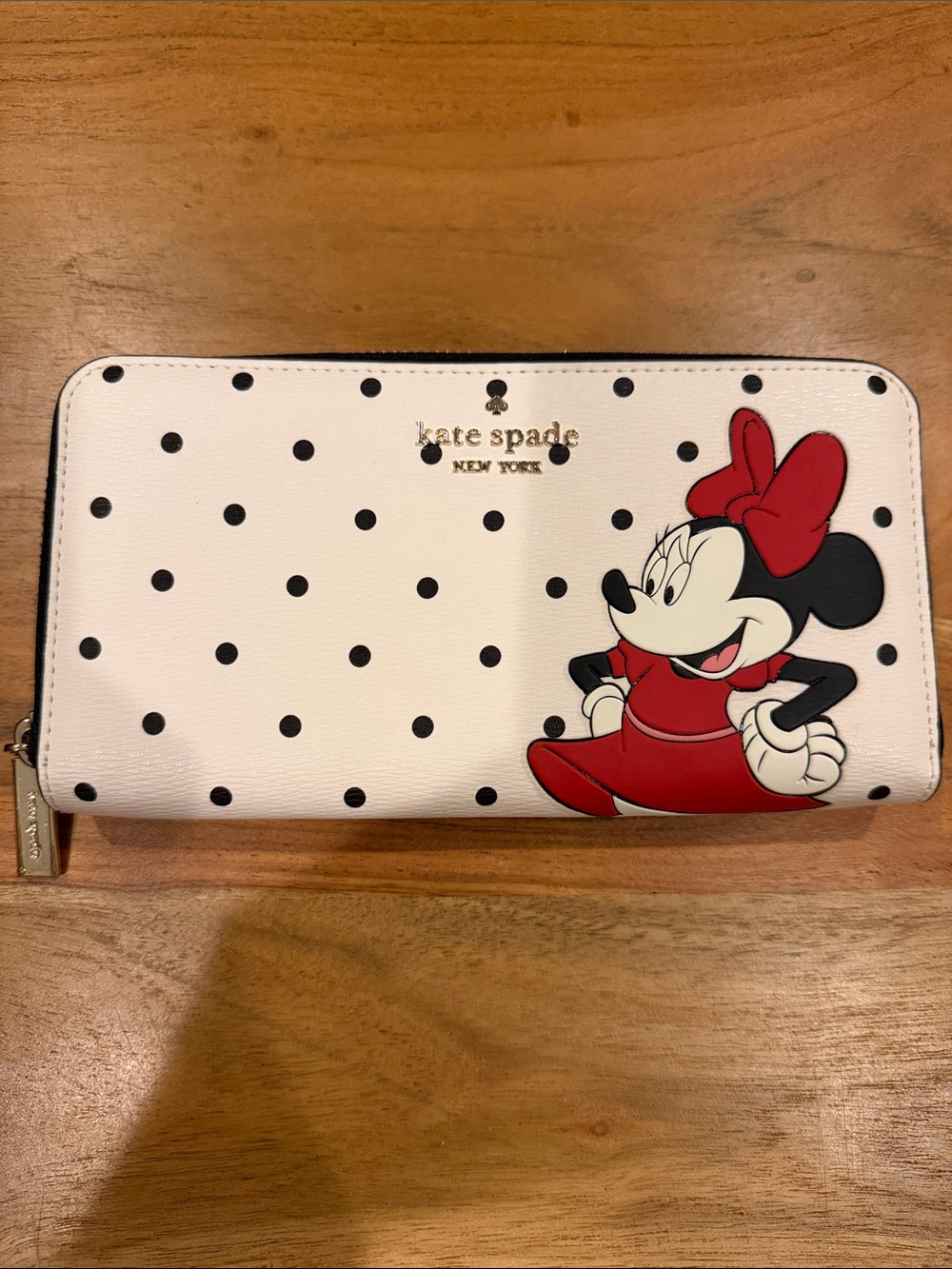kate spade White Polka Dot Zip Wallet with Red Minnie Accent